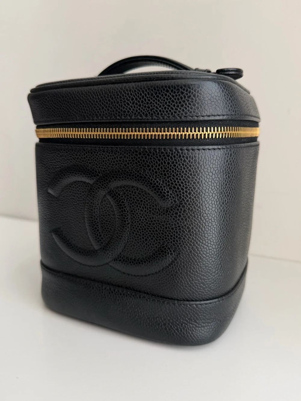CHANEL Black Caviar Leather Vanity Case with Gold Hardware